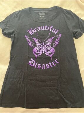 Women's Beautiful Disaster Black Graphic Tee with Purple Butterfly